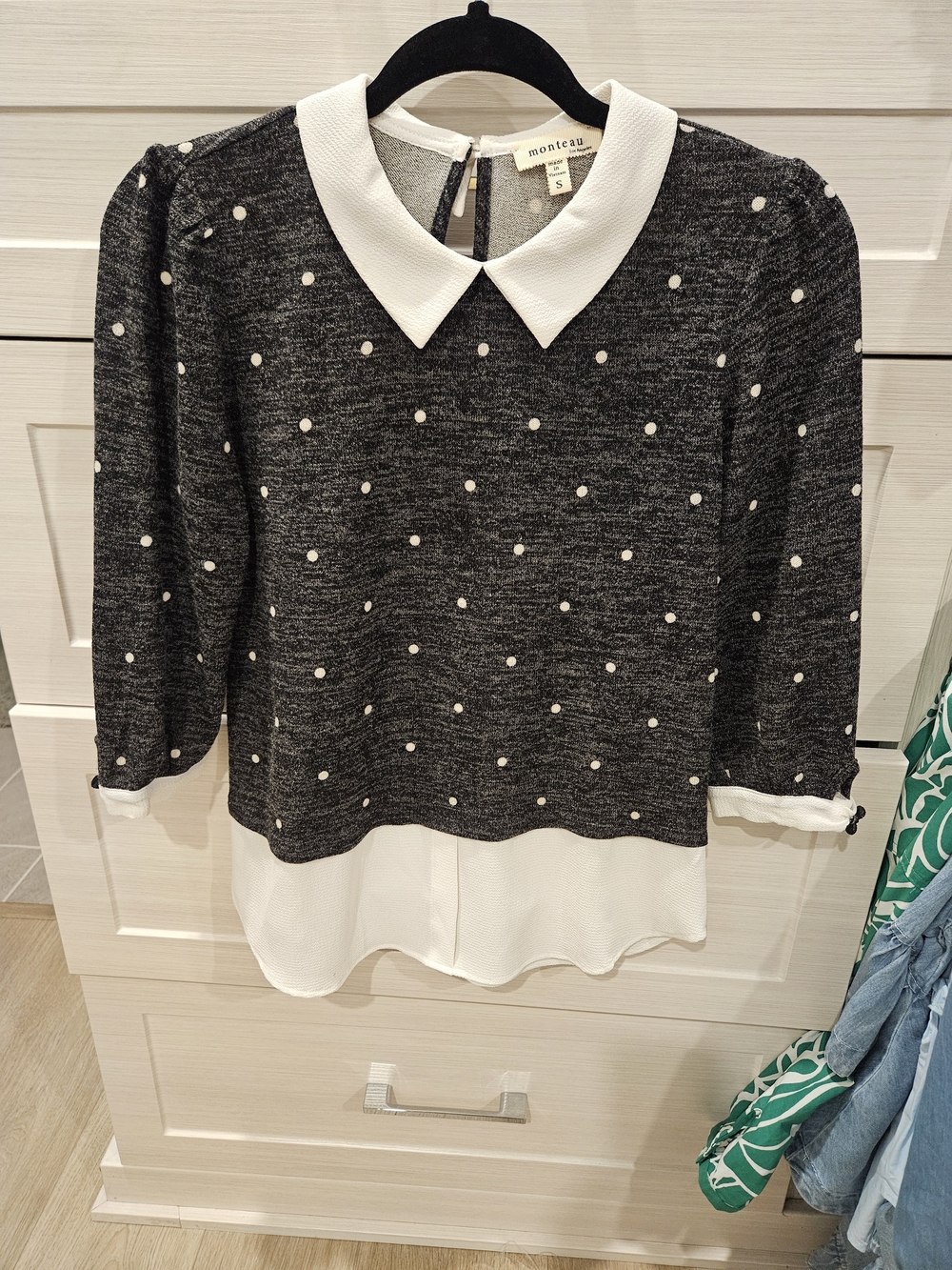 Monteau Black and White Polka Dot Collared Layered Blouse